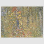Farm Garden With Crucifix (by Gustav Klimt) Tissue Paper<br><div class="desc">This design features a beautiful image of flowering garden with cottages in the Austrian countryside, surrounded by woodland. We can also see a wooden pole with a crucifix of Jesus Christ, alongside a miniature statute of Mother Mary. Gustav Klimt began exploring religious themes during the end of his career, perhaps...</div>