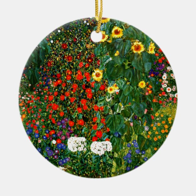 Farm Garden with Sunflowers by Gustav Klimt Ceramic Ornament (Front)