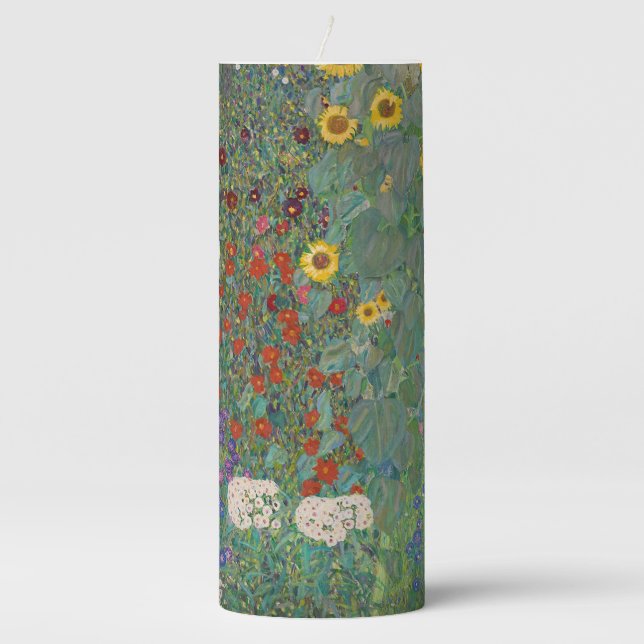 Farm Garden with Sunflowers by Gustav Klimt Pillar Candle (Front)