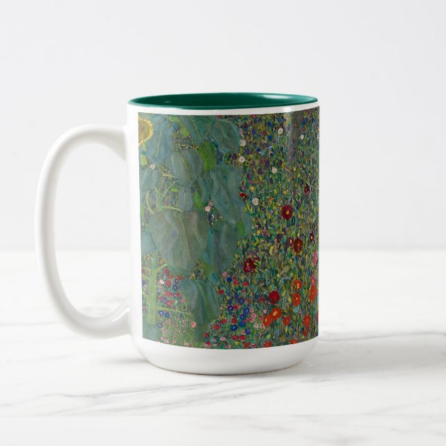Farm Garden with Sunflowers by Gustav Klimt Two-Tone Coffee Mug (Left)