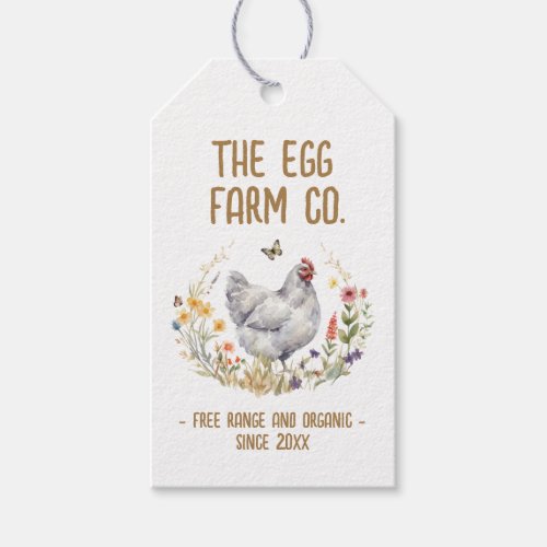 Farm Gift Tag Watercolor Grey Hen Wildflower