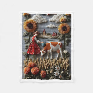 Farm Girl And Cow Sunflower Meadow Fleece Blanket