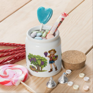 Farm girl picking grapes, vineyard harvest art candy jar