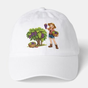 Farm girl picking grapes, vineyard harvest art hat