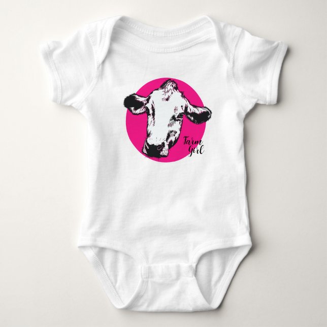  Farm Girl Pink Cow Baby Bodysuit (Front)
