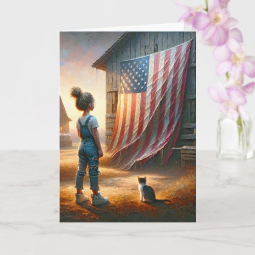 Farm Girl With American Flag Birthday Card