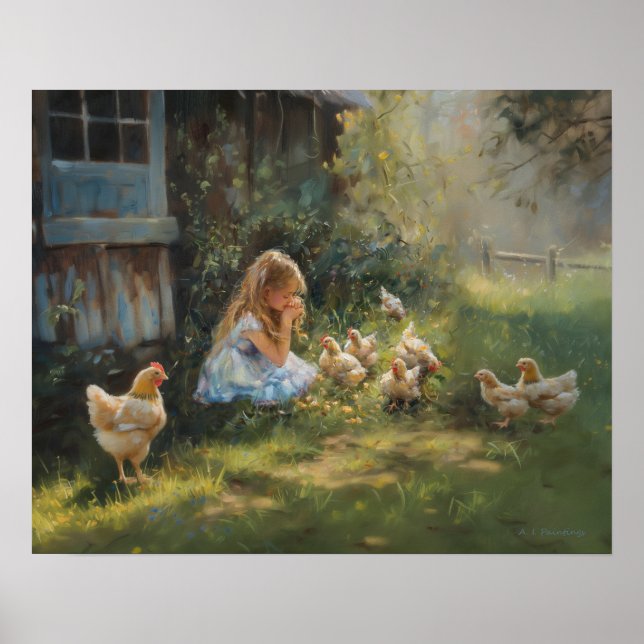 Farm Girl with Chickens Farmhouse Homestead art Poster (Front)