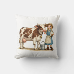 Farm girl with cow, cute dairy country art throw pillow
