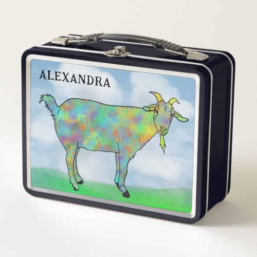 Farm Goat Watercolor Kids Name Metal Lunch Box