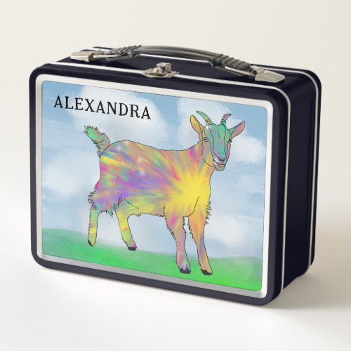 Farm Goat Watercolor Kids Name Metal Lunch Box