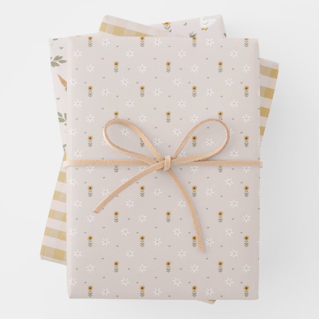 Farm Goose Flowers Rustic Yellow Gingham Wrapping Paper Sheets (In situ)