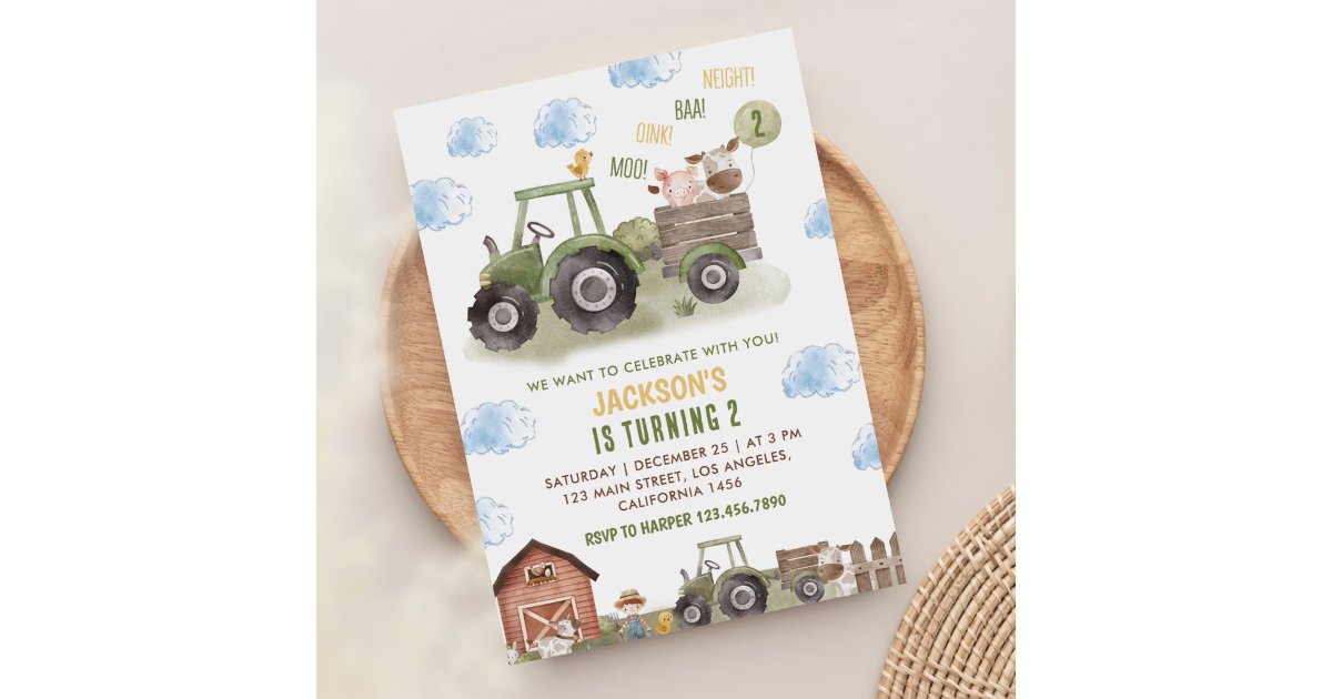 Farm Green Tractor 2nd Birthday Party Invitation | Zazzle
