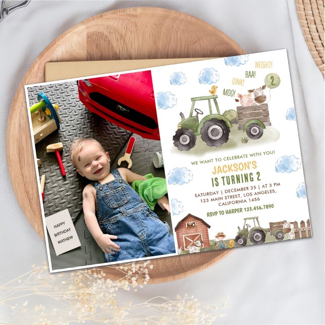 Farm Green Tractor 2nd Birthday Party Photo Invitation (Creator Uploaded)