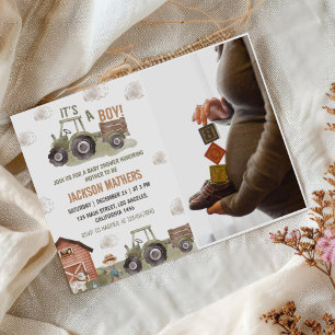 Farm Green Tractor Baby Shower Photo Invitation