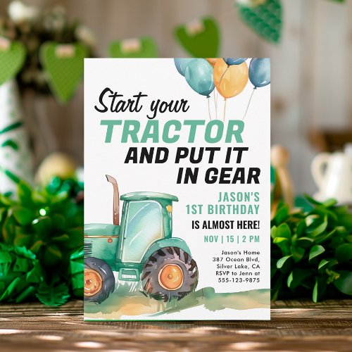 Farm Green Tractor Birthday Invitation