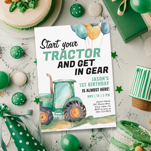 Farm Green Tractor Birthday Invitation