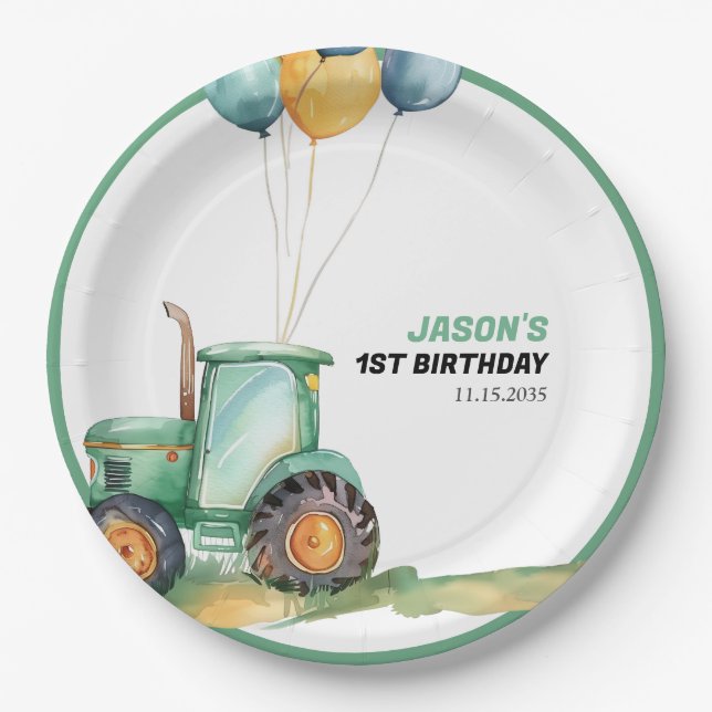 Farm Green Tractor Birthday Paper Plates (Front)