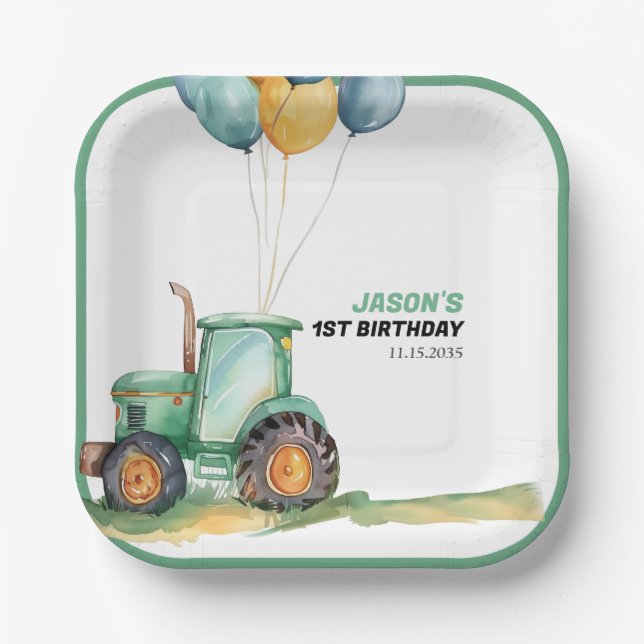 Farm Green Tractor Birthday Paper Plates (Front)