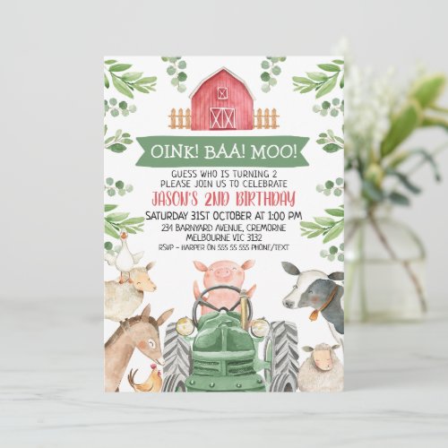 Farm Green Tractor Oink Baa Moo 2nd Birthday