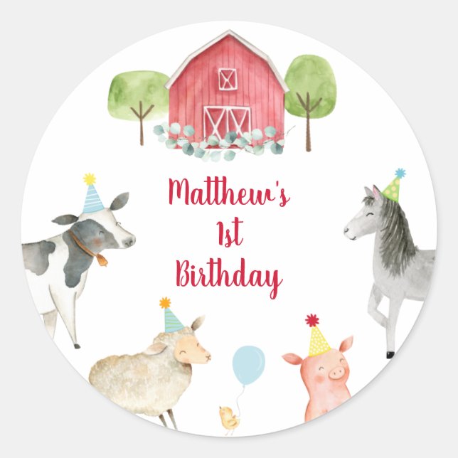 Farm Greenery Barnyard Birthday Classic Round Sticker (Front)