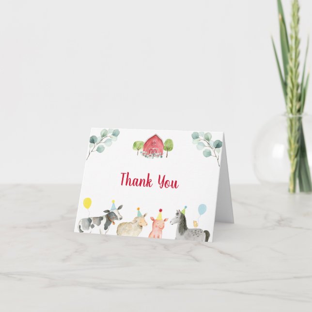 Farm Greenery Barnyard Birthday Thank You Card (Front)