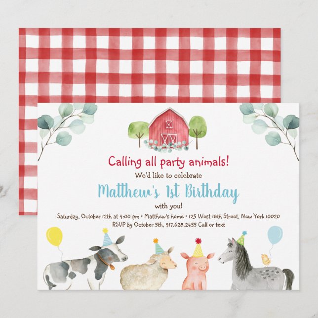 Farm Greenery Party Animal Birthday Invitation (Front/Back)