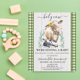 Farm Holy Cow Calf Baby Shower Gingham Green