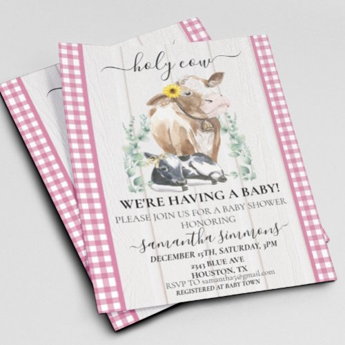 Farm Holy Cow Calf Baby Shower Gingham PInk