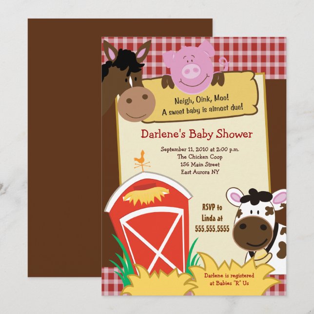 Farm Horse Cow Pig Barnyard Baby Shower Invitation (Front/Back)