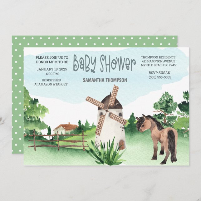  Farm Horse Windmill Animal Boys Baby Shower   Invitation (Front/Back)