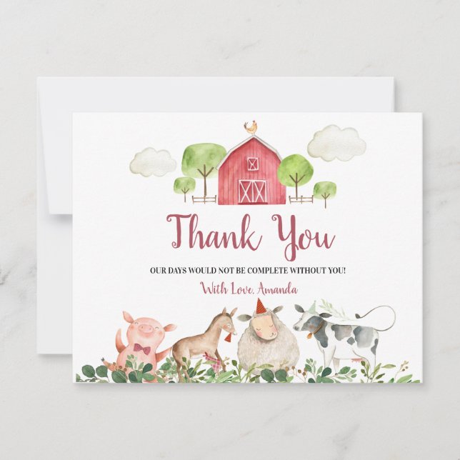 Farm House Animals Barnyard Baby Shower Thank You Card (Front)