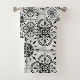 Farm House Damask ConcreteTile Pattern Leaf Scroll Bath Towel Set