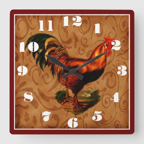 Farm house style Country Rooster Square Wall Clock
