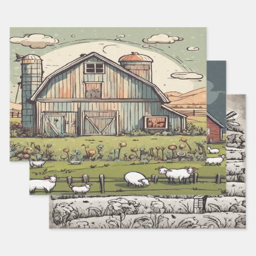 Farm house watercolor wrapping paper sheets