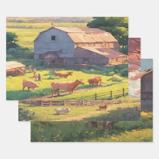 Farm house watercolor wrapping paper sheets (Set)