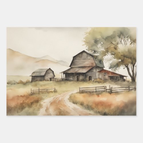 Farm house watercolor  wrapping paper sheets