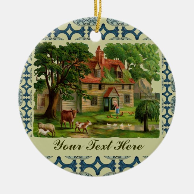 Farm House With Chickens Ceramic Ornament (Front)