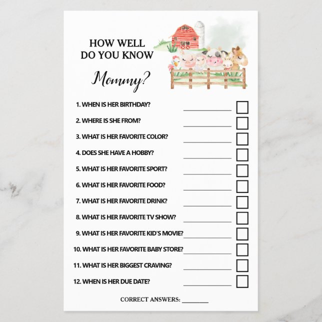 Farm How well do you know Mom Shower game card Flyer (Front)