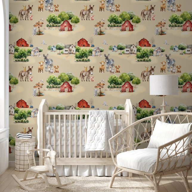 Farm Land Beige Repeating Seamless Country Pattern Wallpaper (Kids)