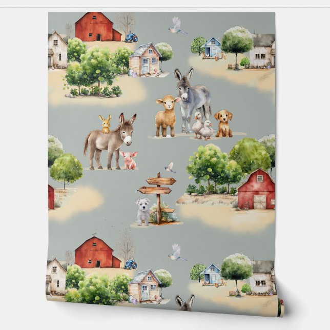 Farm Land Pattern Kids Room Wallpaper (Unrolling)