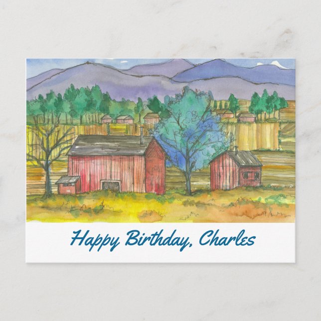 Farm Land Red Barns Happy Birthday Custom Name Postcard (Front)