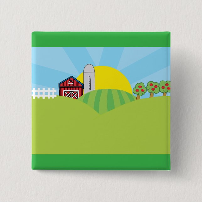 Farm Landscape Red Barn Silo Apple Trees Button (Front)