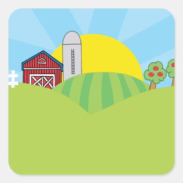 Farm Landscape Red Barn Silo Apple Trees Square Sticker (Front)