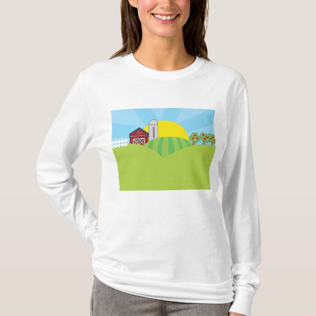 Farm Landscape Red Barn Silo Apple Trees T-Shirt (Front)
