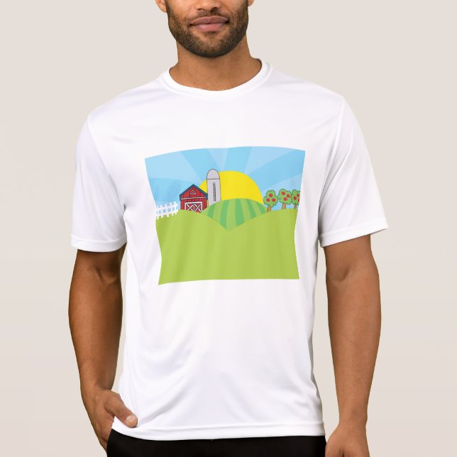 Farm Landscape Red Barn Silo Apple Trees T-Shirt (Front)