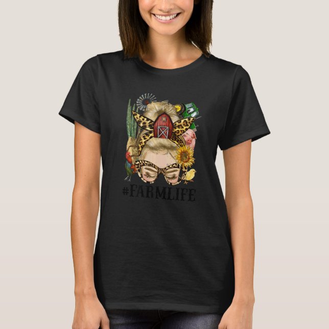 Farm Life Blonde Messy Bun Mom Sunflower Farm Anim T-Shirt (Front)