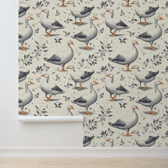 Farm life inspired white goose pattern wallpaper | Zazzle