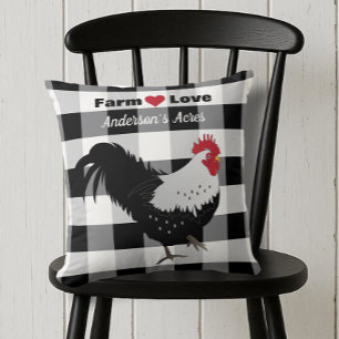 Farm Love Custom Rooster Black White Check Throw Pillow