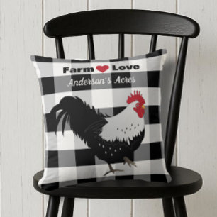 Farm Love Custom Rooster Black White Check Throw Pillow
