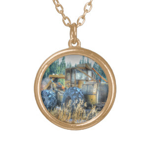 Farm Machinery, Tractor, Back-Hoe, Farm Vehicle Gold Plated Necklace